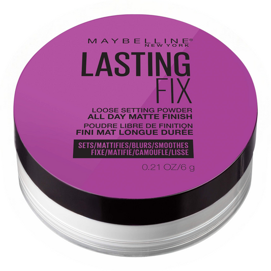 Maybelline New York Lasting Fix Loose Setting Powder, translucent 0.21 oz jar, all-day matte finish powder that sets, mattifies, and blurs skin.