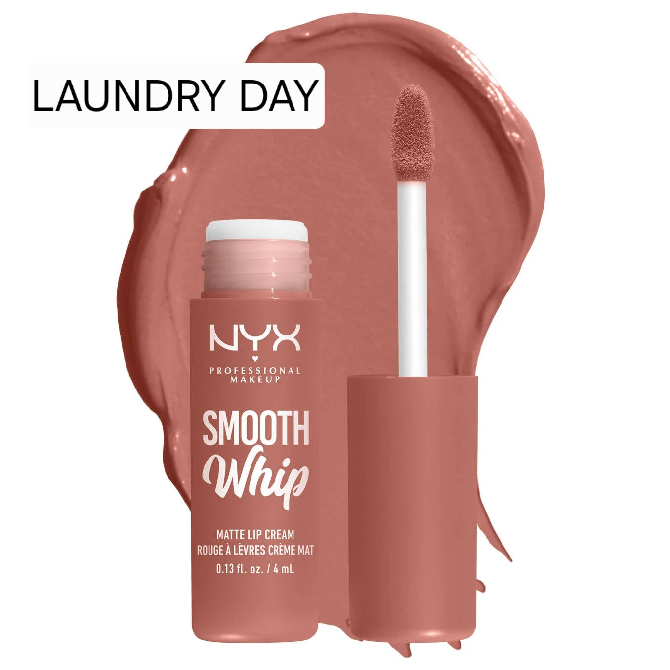 Swatch and tube of NYX Smooth Whip Matte Lip Cream in the shade Laundry Day, featuring a soft mauve-pink matte finish.