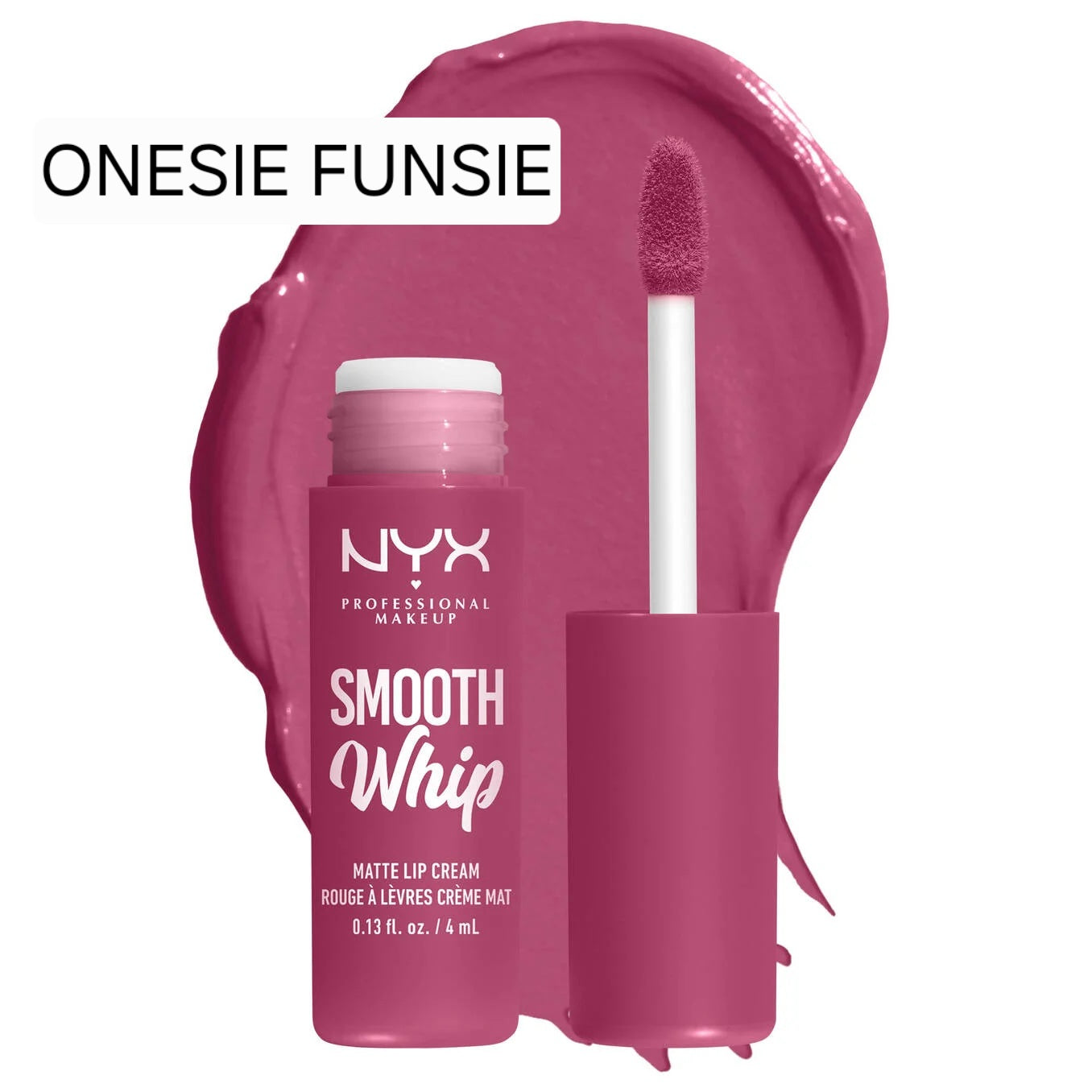 NYX Professional Makeup Smooth Whip Matte Lip Cream in shade Onesie Funsie, a vibrant pink-mauve liquid lipstick with a blurred matte finish.