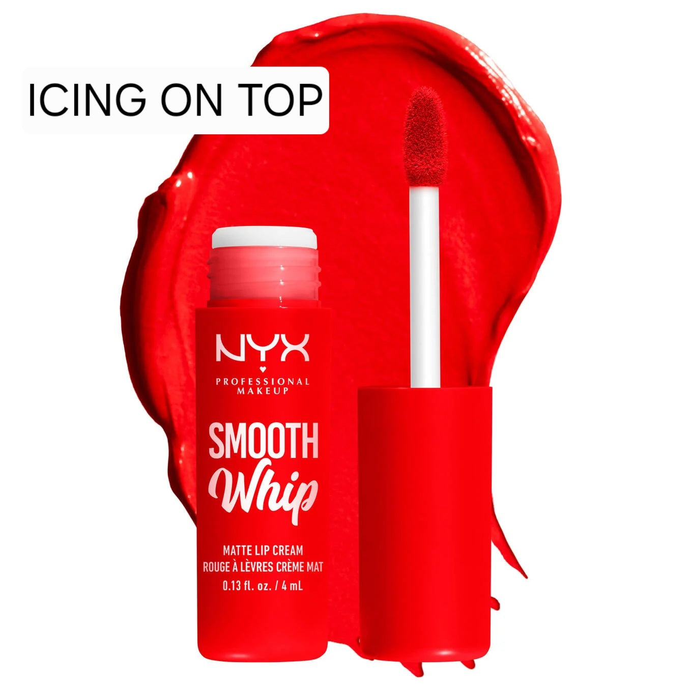 NYX Professional Makeup Smooth Whip Matte Lip Cream in Icing On Top, a bright true red matte liquid lipstick with a whipped texture.