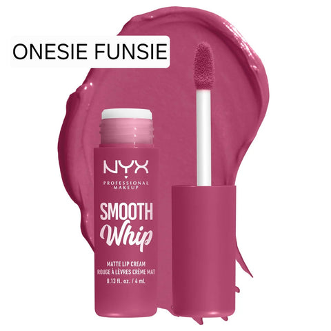 NYX Professional Makeup Smooth Whip Matte Lip Cream in shade Onesie Funsie, a vibrant pink-mauve liquid lipstick with a blurred matte finish.